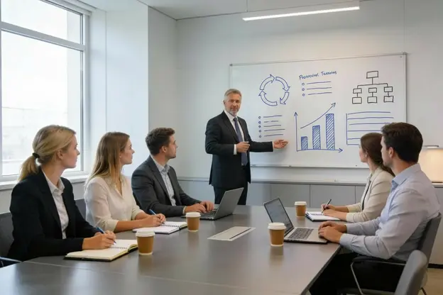 Profesjonalny trener prowadzi szkolenie biznesowe dla pięciu uczestników w nowoczesnej sali konferencyjnej we Wrocławiu